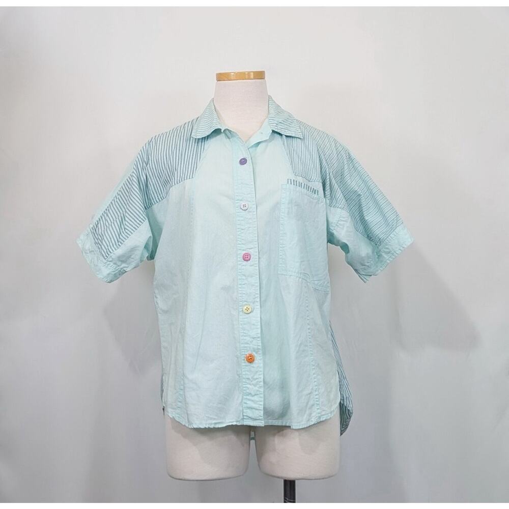 Vintage 80s Blouse Aqua Blue Dopamine Top Shirt Short Sleeve Women's Size S